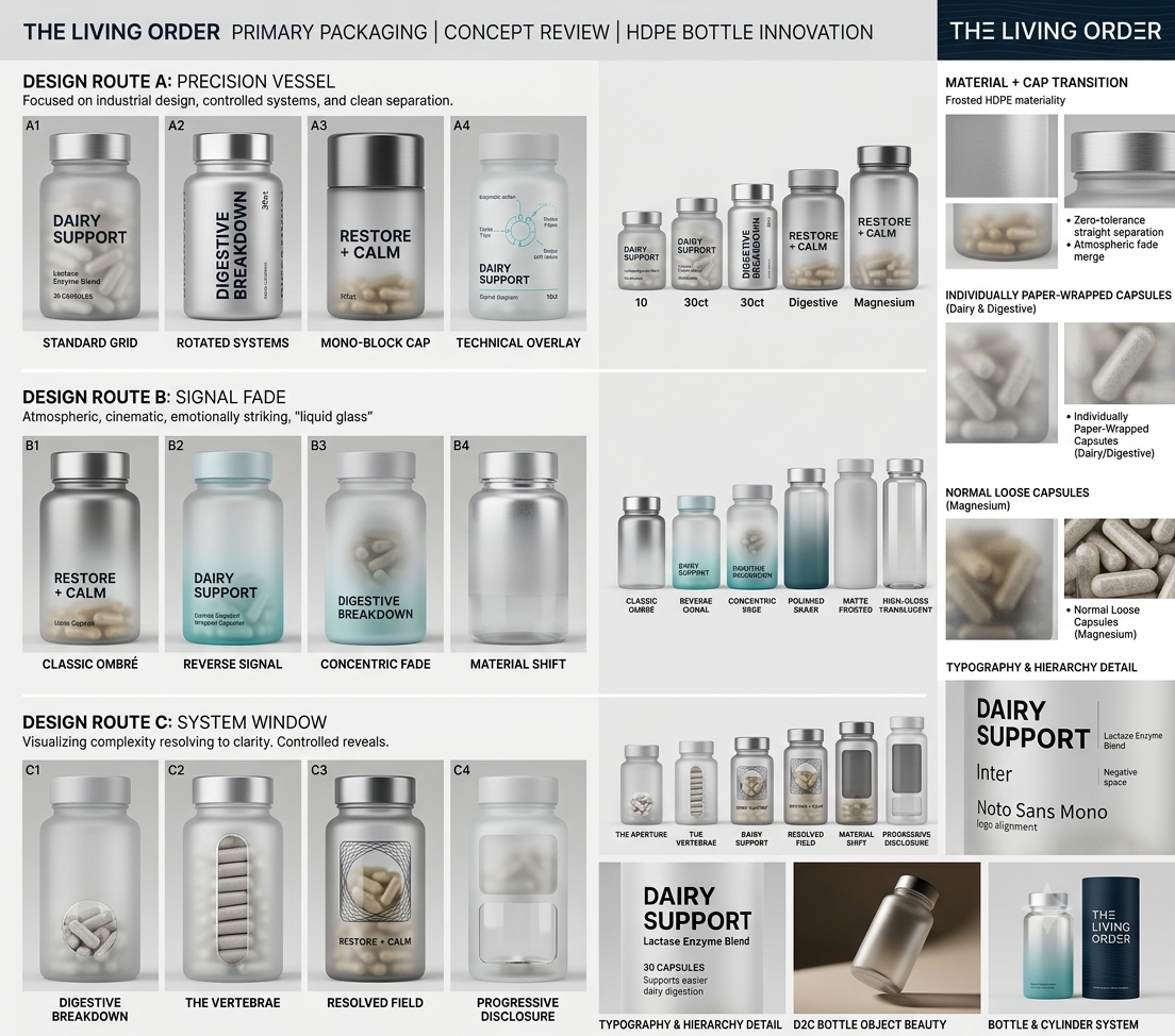 Original HDPE bottle concept review showing Precision Vessel, Signal Fade and System Window